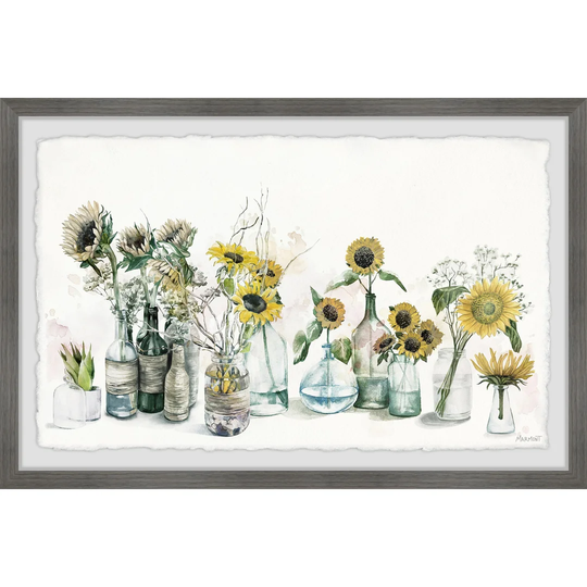 'Sunflower And Bottles' Framed Painting Print