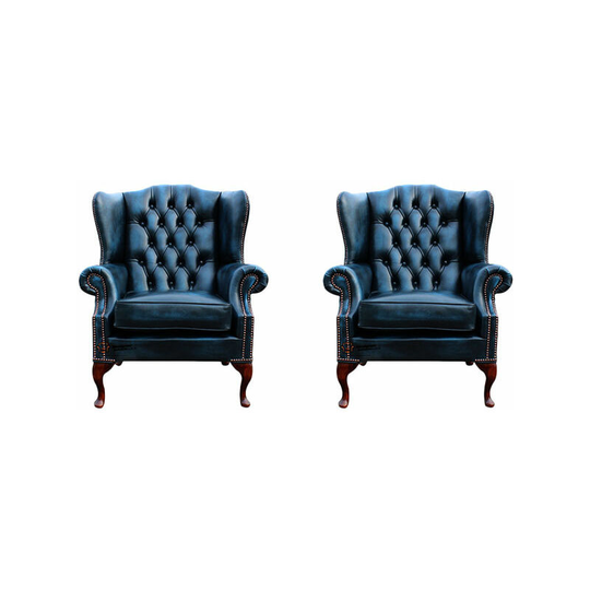 Chesterfield 2 x Mallory Wing Chair Leather Sofa Suite Offer Antique Blue