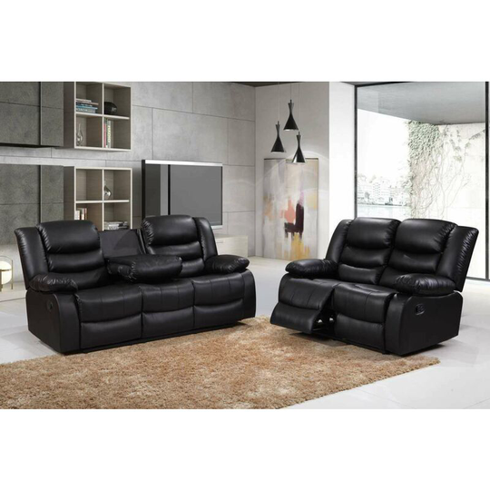 Roma 3+2 Seater Leather Recliner Sofas in Black - Black