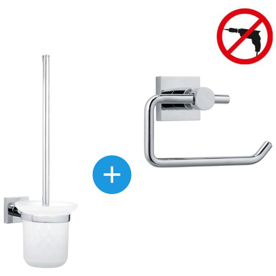 Hukk Set Unwinder with stainless steel lid + toilet brush, easy installation without drilling, Chrome (40247-DUO ) - Tesa
