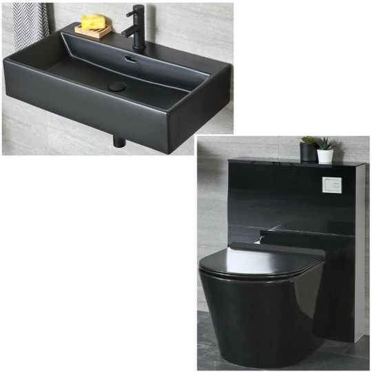 Milano Nero - Black Ceramic Modern Wall Hung Bathroom Basin Sink with One Tap Hole and Back to Wall Toilet WC Unit with Pan, Cistern and Soft Close