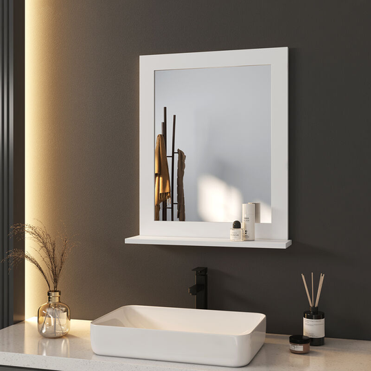 Bathroom Mirror 50x60cm with Storage Rack shelf, White Frame Wall Mounted Bathroom Mirror - 50x60x12cm - Meykoers