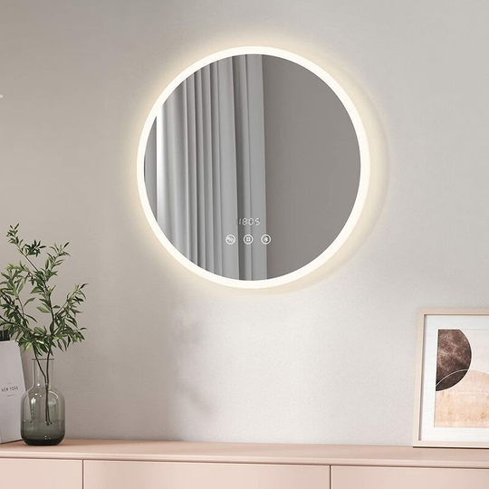 Emke - Round Bathroom led Mirror with Bluetooth Speaker - 600mm Dimmable Backlit led Illuminated Circular Mirror with Anti-Fog, Touch Control,