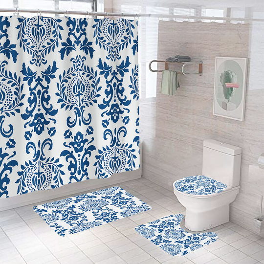 Shower Curtains with Soft Non-Slip Bath Mat Toilet Lid for Bathroom Four Pieces, Waterproof Bathtub Curtain Sets, Fun Pattern 3D Printing Durable
