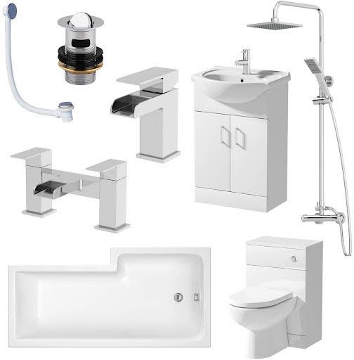 Amelie Bathroom Suite with L Shape Bath Taps Shower Screen & Vanity Unit Left Hand 1600mm