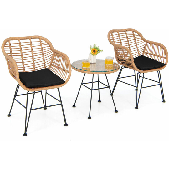 3 Pieces Patio Bistro Set Outdoor pe Rattan Armchairs w/Tempered Glass Table