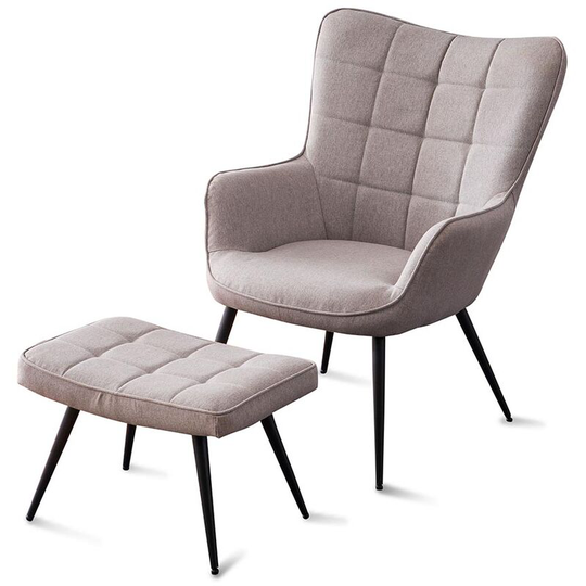 Vera Linen / Velvet Occasional Lounge Living Room Accent Chair Armchair Metal Legs Light Grey with Footstool - Light Grey with Footstool