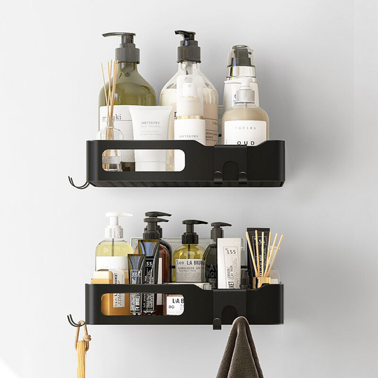 Bathroom shelf without drilling, shower shelf with cookware for kitchen, bedroom, bathroom (2pcs black)