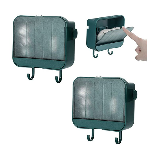 2 Pack Soap Dish, Soap Holder, Case for Shower, Bathroom, Kitchen, with No Drilling Wall Hook Self-Draining (Green), Keeps Soap Bars Dry, Dust Cover,