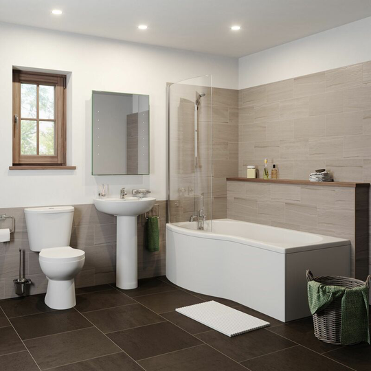 P Bathroom Suite with Left Hand Bath - White - Essentials