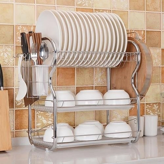 Kitchen Chrome Dish Drainer Cutlery Cup Plates Holder Sink Rack Drip Tray 3 Tier - Livingandhome