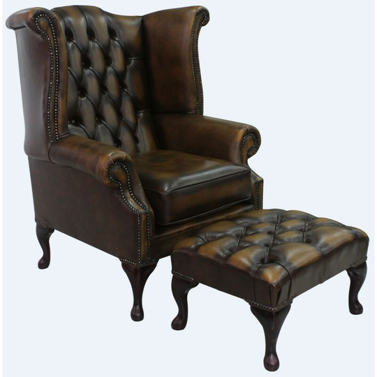 Chesterfield Offer Queen Anne High Back Wing Chair Antique Gold Leather Footstool