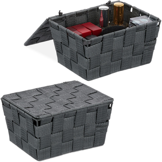 Set of 2 Relaxdays Lidded Storage Baskets with Lid, Bathroom Storage, pp, HxWxD: 10.5 x 19.5 x 14.5 cm, Grey