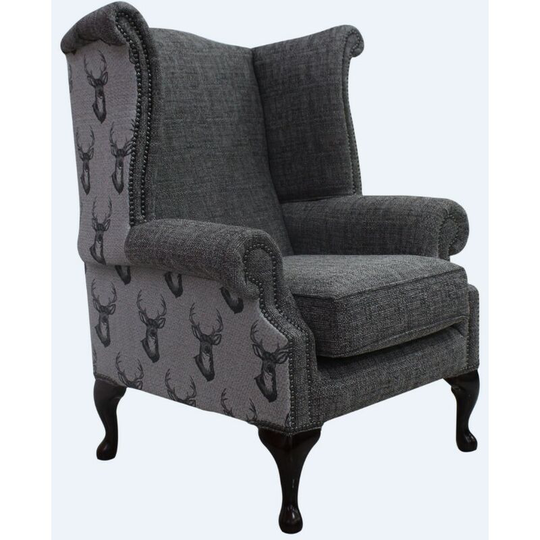 Chesterfield Saxon Queen Anne High Back Wing Chair Antler Stag Charcoal Grey Fabric