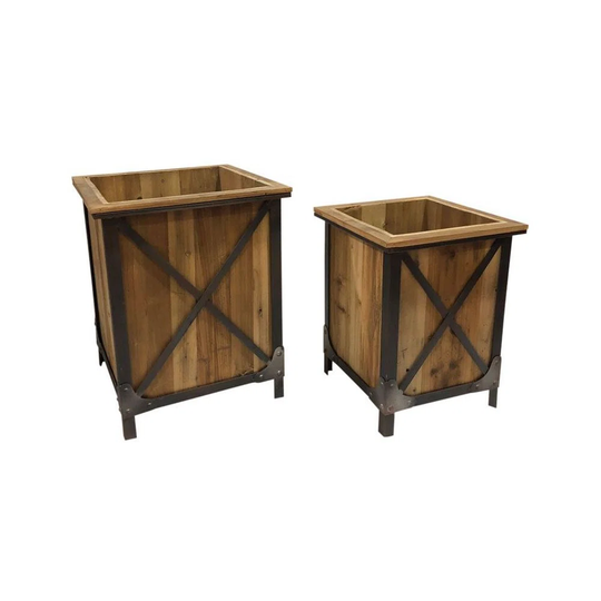 Pine And Metal Planter (Set Of 2)