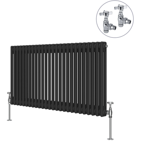 NRG - Black Traditional Cast Iron Style Radiator with Chrome Angled Cross Head Manual Valves Horizontal 2 Column 600x1190mm