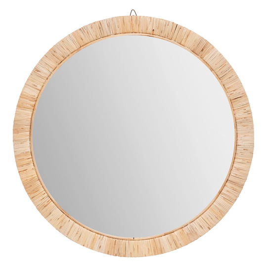 Round Rattan Framed Wall Mounted Bathroom Mirror in Beige