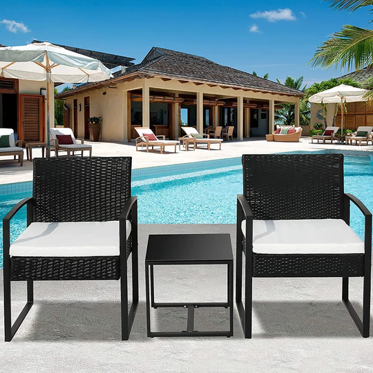 3 Piece Rattan Garden Furniture Set 3 Patio Table Sofa Chair Dining Table Set Indoor Outdoor Weatherproof Black