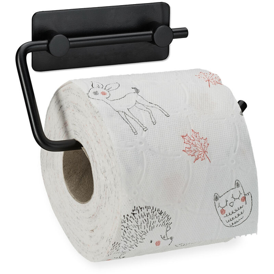 Toilet Paper Holder without Drilling, Stainless Steel, Matt, Self-Adhesive, HxWxD: 9 x 15.5 x 2 cm, Black - Relaxdays