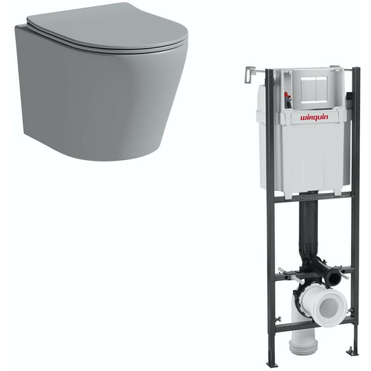 Mode - Orion stone grey wall hung toilet with soft close seat and 0.82m wall mounting frame with push plate cistern - Grey