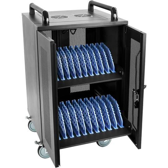 RackMatic - Charging and transport cabinet for 20 tablets and laptops black with 24 schuko on 2 strips