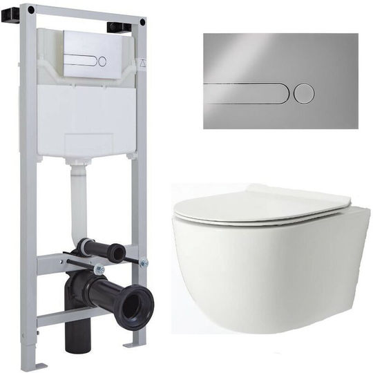 Milano - Overton - White Ceramic Modern Bathroom Wall Hung Rimless Toilet with Tall Wall Frame, Cistern and Chrome Square Dot Flush Plate