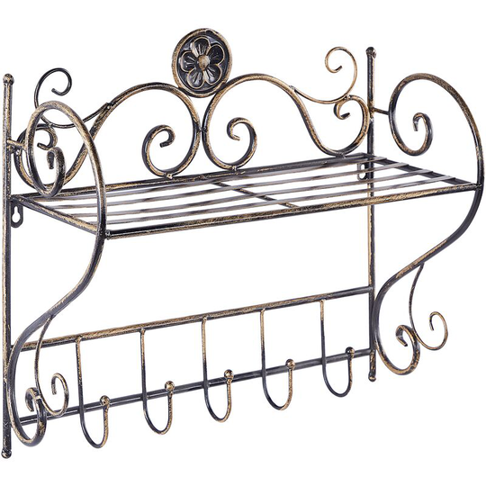 Vintage Style Metal Bathroom Wall Floating Shelf 5 Hooks Black Osorno - Black
