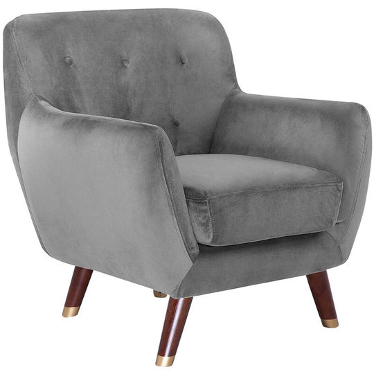 Modern Velvet Armchair Grey Tufted Backrest Solid Wood Legs Bodo - Grey