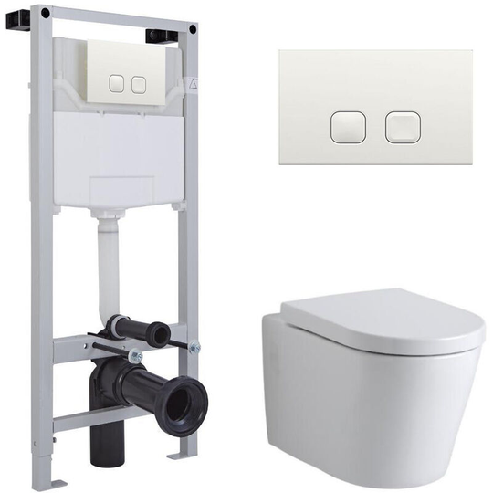 Milano - Ballam - White Ceramic Modern Bathroom Wall Hung Round Toilet wc with Tall Wall Frame, Dual Flush Cistern, Soft Close Seat and Square White