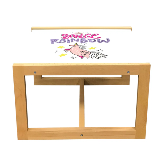 Unicorn Coffee Table, I Smell Rainbow Phrase Along Creature Cartoon Imagination Theme Love, Acrylic Glass Center Table With Wooden Frame For Offices D