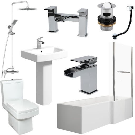 L Shape Bathroom Suite RH Taps Waste Shower & Screen With Rail