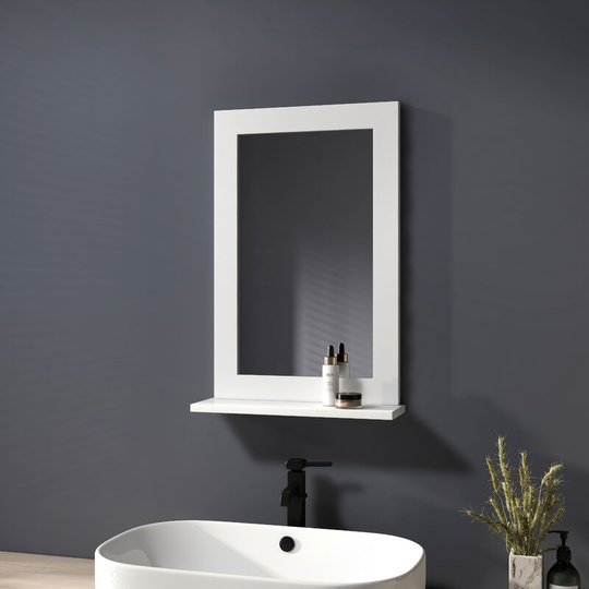 Heilmetz White Mirror Bathroom Mirror with Shelf Wooden Frame Wall-Mounted Mirror with Wooden Shelf Wall Hanging Mirror 400x600mm