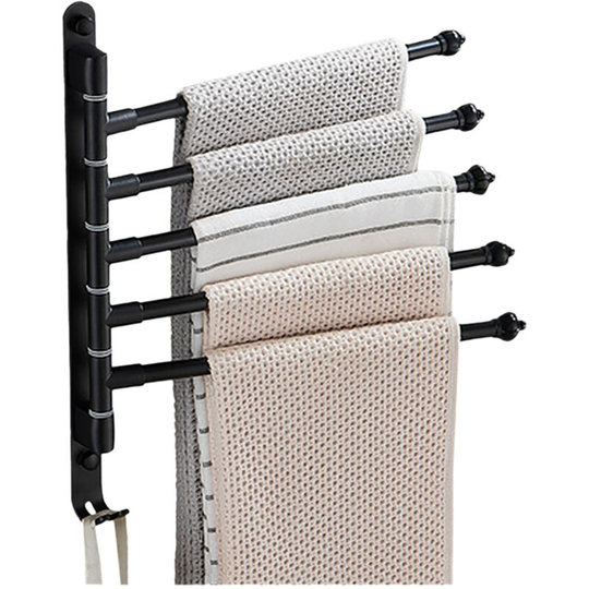 Swivel Out Towel Racks with Hooks 5-Bars Foldable Arms Bath Towel Hanger Wall Mount Towel Bar Aluminum Towel Holder Organizer for Bathroom Kitchen