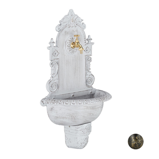Relaxdays - xl Antique Wall Water Fountain, Faucet, Nostalgic, Garden Basin, Cast Aluminium, hwd 75x44x22 cm, White