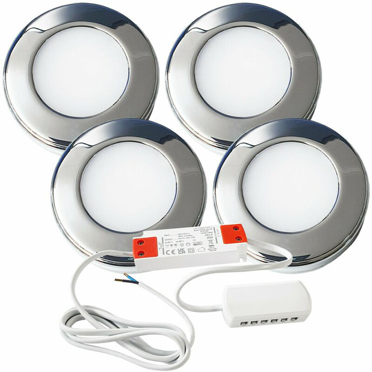 Loops - 4x chrome Round Surface or Flush Under Cabinet Kitchen Light & Driver Kit - Natural White led