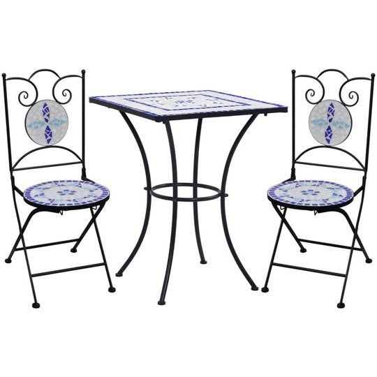 Topdeal 3 Piece Mosaic Bistro Set Ceramic Tile Blue and White FF279413_UK