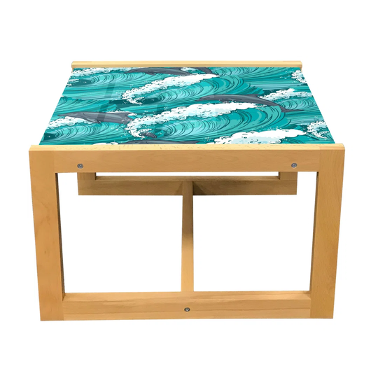 Sea Animals Coffee Table, Wavy Ocean With Dolphins Windy Surfing Doodle Style Art Print, Acrylic Glass Center Table With Wooden Frame For Offices Dorm