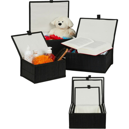 Relaxdays - 2 Sets of 3 Bamboo Storage Baskets with Lid, Decorative Organiser, Dust-free & Moisture-resistant, Black