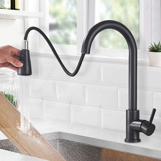 Black Single Lever Kitchen Faucet Kitchen Sink Mixer Tap 2 Water Mode Pause Function 360° Swivel Solid Stainless Steel Brass