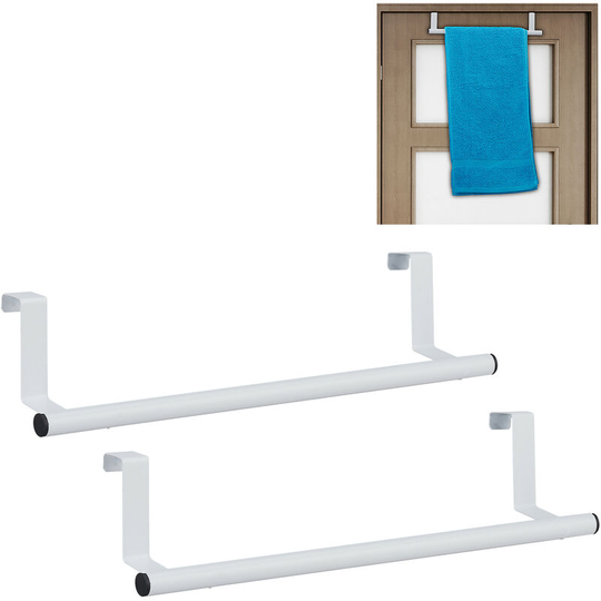 Set of 2 Towel Holders for Doors & Closet, Hanging, Stainless Steel, Rail, Kitchen & Bathroom, White - Relaxdays