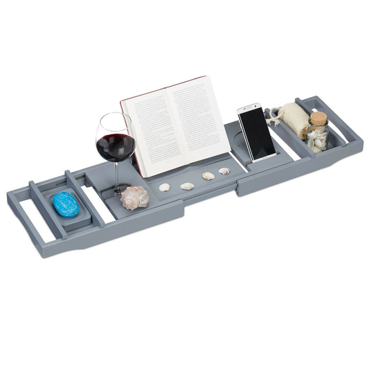 Relaxdays - Bamboo Bathtub Caddy, 109 cm, Extendible, Wine Glass Holder, Book Stand, Soap Dish, Bath Tray, Grey