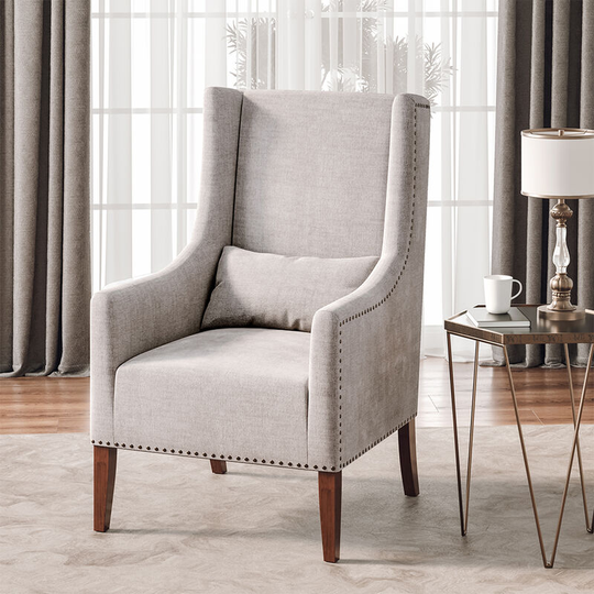 Burlap High Back Studded Armchair with Cushion,Grey - Livingandhome