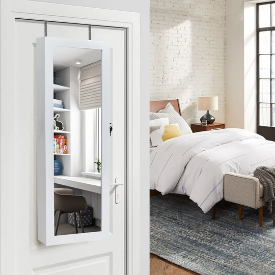 Whole Body Mirror Wooden Wall Hanging Jewelry Armoire Cabinet White