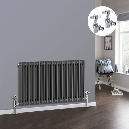 NRG - Anthracite 2 Column Traditional Cast Iron Style Radiator with Chrome Angled Cross Head Manual Valves Horizontal 600x1190mm