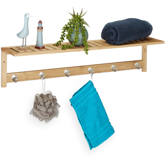 Towel Rack with 6 Hooks and Shelf, for Hallway, Kitchen & Bathroom, Modern, Bamboo, 18 x 75 x 16 cm, Natural - Relaxdays