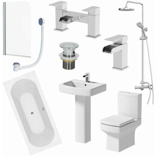 1800mm Bathroom Suite Double Ended Bath Shower Toilet Pedestal Basin Taps Screen - White