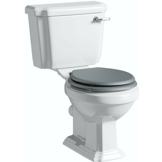 Dulwich close coupled toilet inc stone grey soft close seat - White/Grey - Orchard