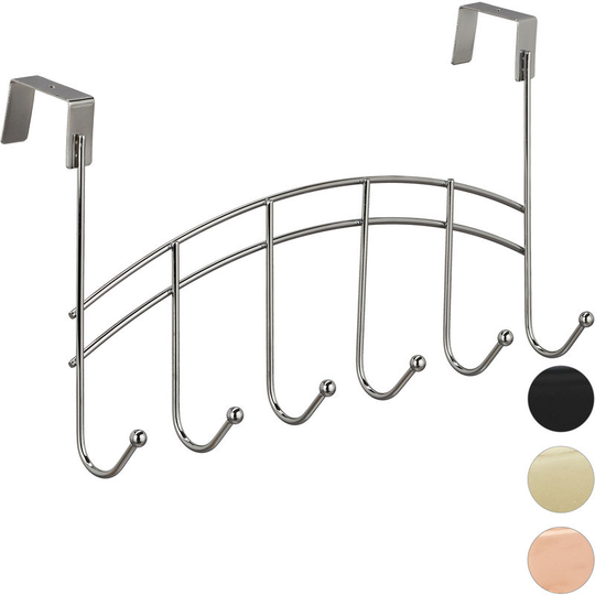 Door Coatrack, Curved Hook Bar, Hanging, 6 Hooks, Metal, 21x40x10.5 cm, Silver - Relaxdays