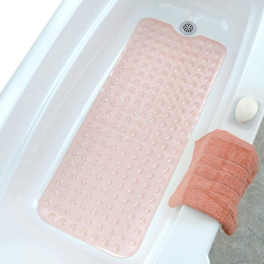 Kartokner - Bath Tub and Shower Non-Slip Mat 39x16in, Suction Cups, Drain Holes, Machine Washable, Clear Pink