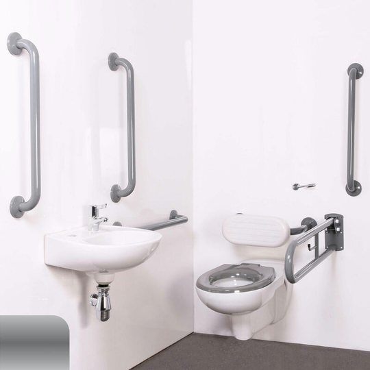 NymaPRO Wall Hung Doc m Toilet Pack with Stainless Steel Grab Rails and TMV3 Valve - Satin - Nymas